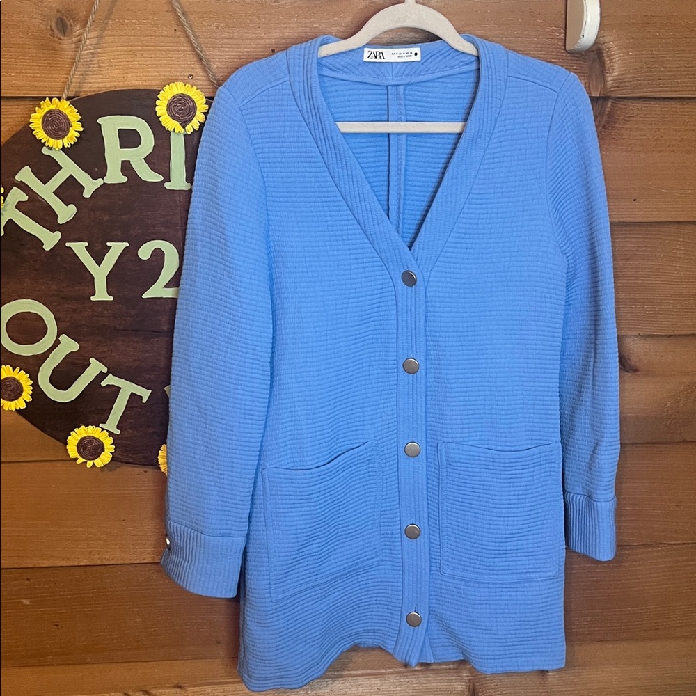 Zara Textured Mini Sweater Button Tunic Dress Pockets Couture Blue Gold Medium - Picture 5 of 9